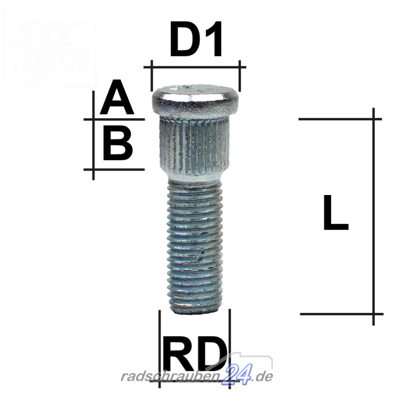 Rändelbolzen M12 x 1,5 x 52 mm RD14,75 - radschrauben24.de Onlineshop 